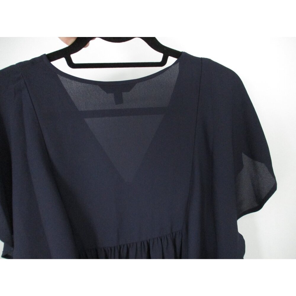 Express Button Front Sheer Sleeveless Navy Blue Blouse Womens L Ruffled - Picture 5 of 14